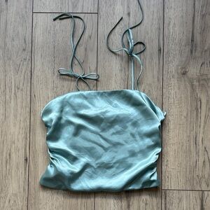 Calvin Klein Satin Crop Top Womens Small Green Tie Strap Ruched Cami Tank Top